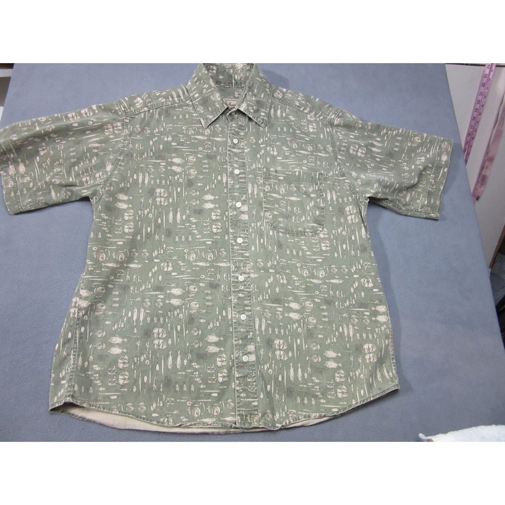Woolrich Shirt Mens Large Green Vtg Hawaiian Fishing Aloha Outdoor Short Sleeve